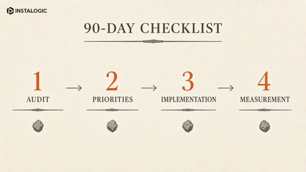 90-day SEO partner checklist with audit, priorities, implementation and measurement