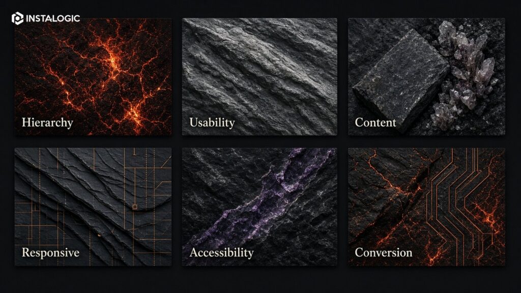 Six dimensions of good website design: hierarchy, usability, content, responsive behavior, accessibility, conversion