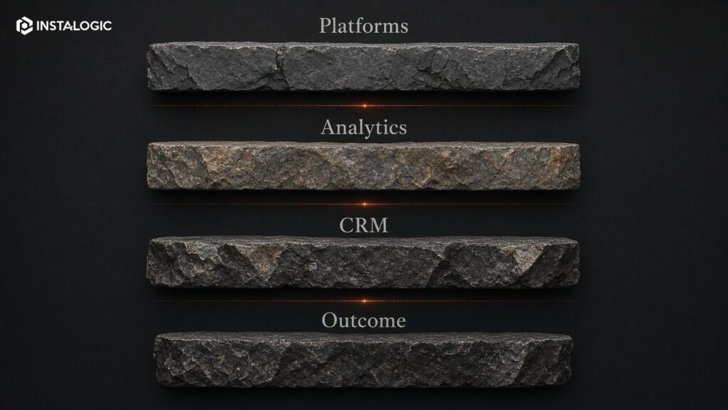 Measurement stack graphic: website/ad platforms -> analytics -> CRM -> business outcome