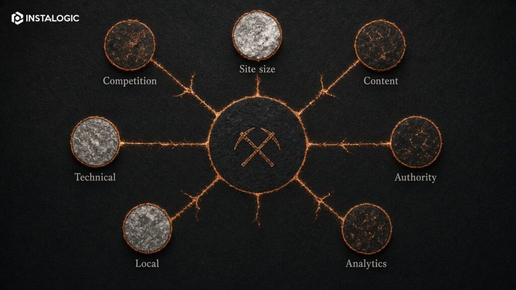 Cost-driver diagram showing competition, site size, content, technical work, authority, local SEO, analytics