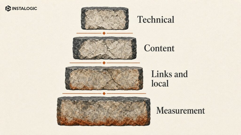SEO monthly scope stack with technical, content, links/local, measurement