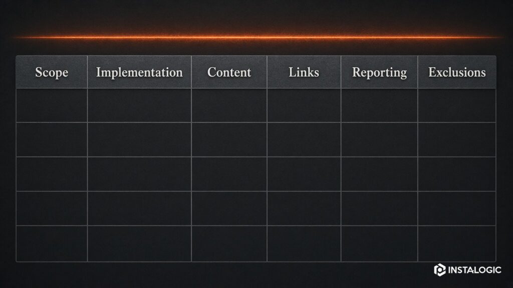 Proposal comparison table: scope, implementation, content, links, reporting, exclusions