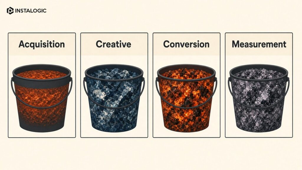 Four-bucket marketing budget model: acquisition, creative, conversion, measurement