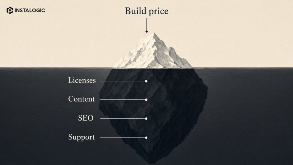 Hidden-cost iceberg: visible build price above water, licenses/content/SEO/support below
