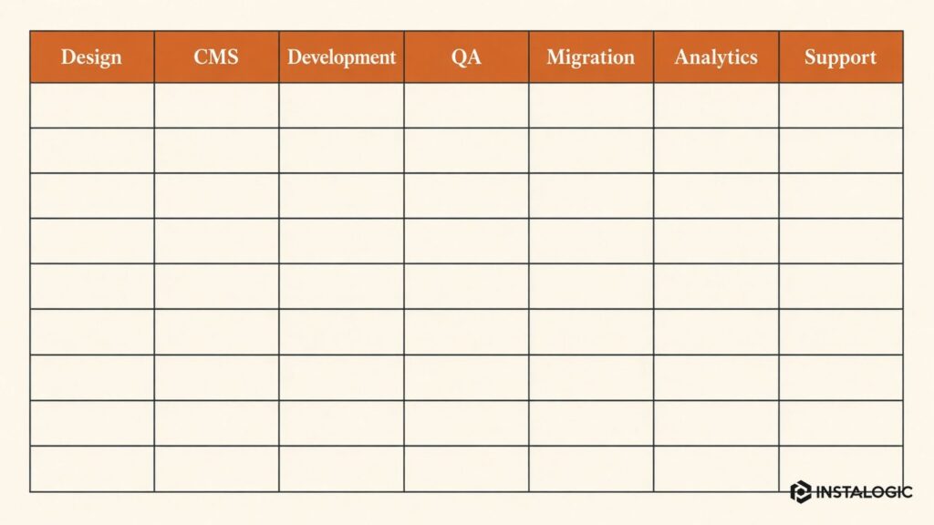 Quote comparison worksheet: design, CMS, development, QA, migration, analytics, support