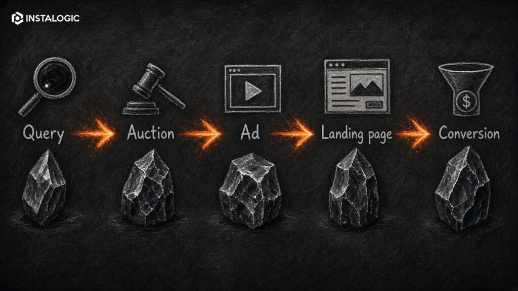 Google Ads flow: query -> auction/eligibility -> ad -> landing page -> conversion