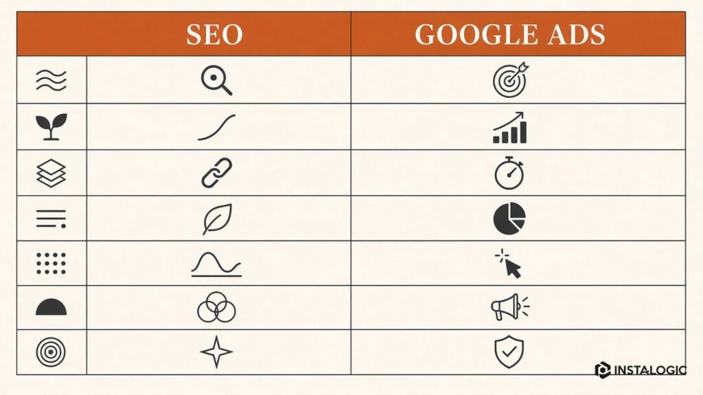 SEO vs Google Ads comparison matrix across seven criteria