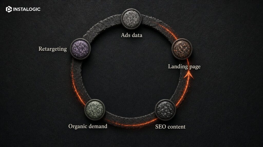 Combined flywheel: Ads data -> landing-page learning -> SEO content -> organic demand -> retargeting