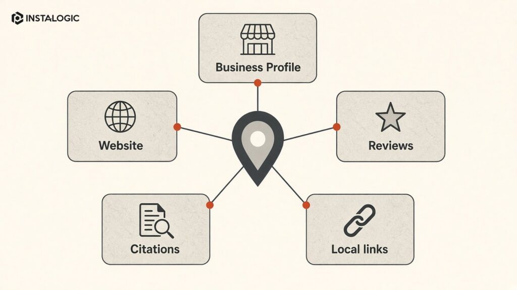 Local SEO ecosystem: Business Profile, website, reviews, citations, local links, Maps