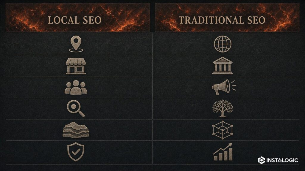 Local SEO vs traditional SEO comparison matrix