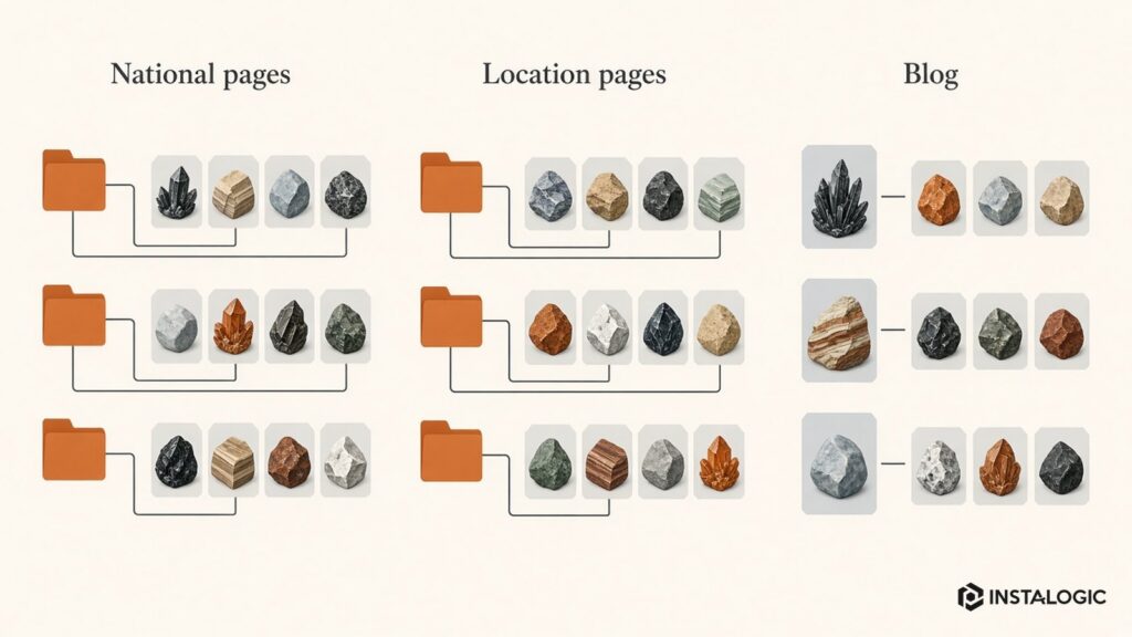 Hybrid architecture example: national service pages + genuine location pages + blog content