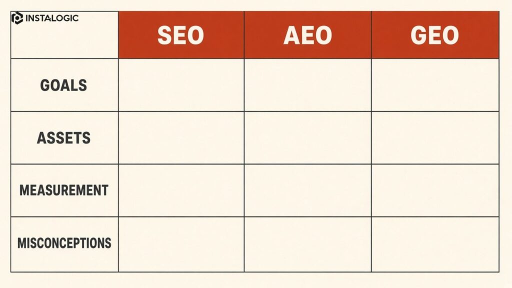 SEO/AEO/GEO comparison table with goals, assets, measurement and misconceptions