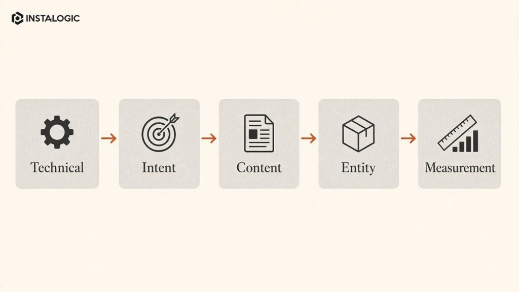 Integrated search workflow: technical -> intent -> content/evidence -> entity clarity -> measurement