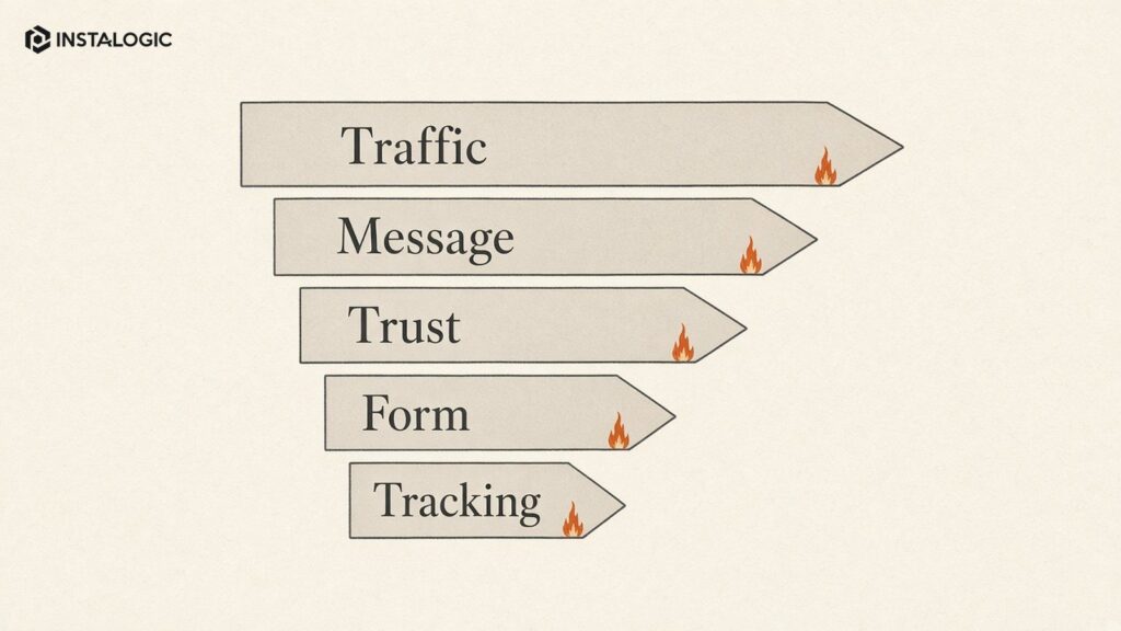 Lead-generation diagnostic funnel with five failure points highlighted