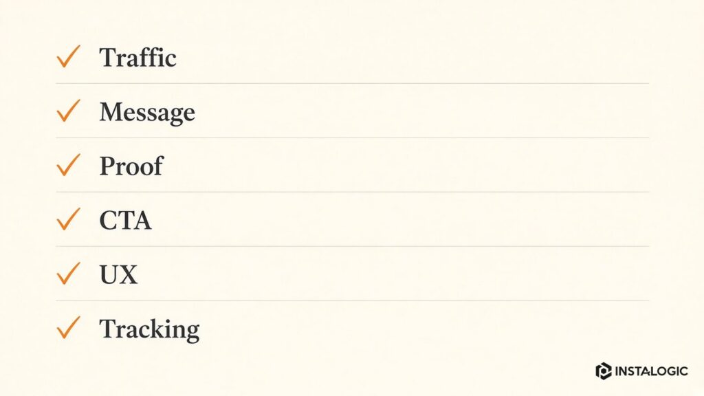 Website lead audit checklist covering traffic, message, proof, CTA, UX and tracking