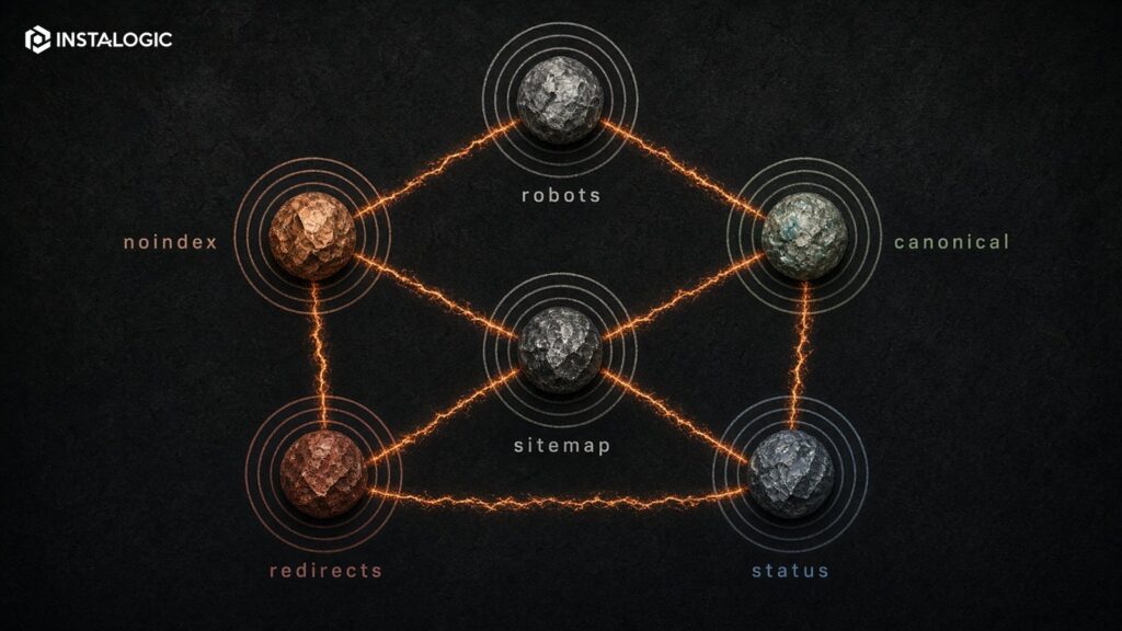 Technical SEO diagnostic map: robots, noindex, canonical, redirects, status codes, sitemap