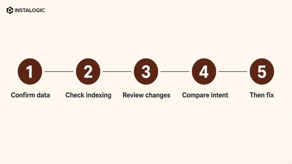 SEO ranking drop recovery checklist arranged as a decision flow