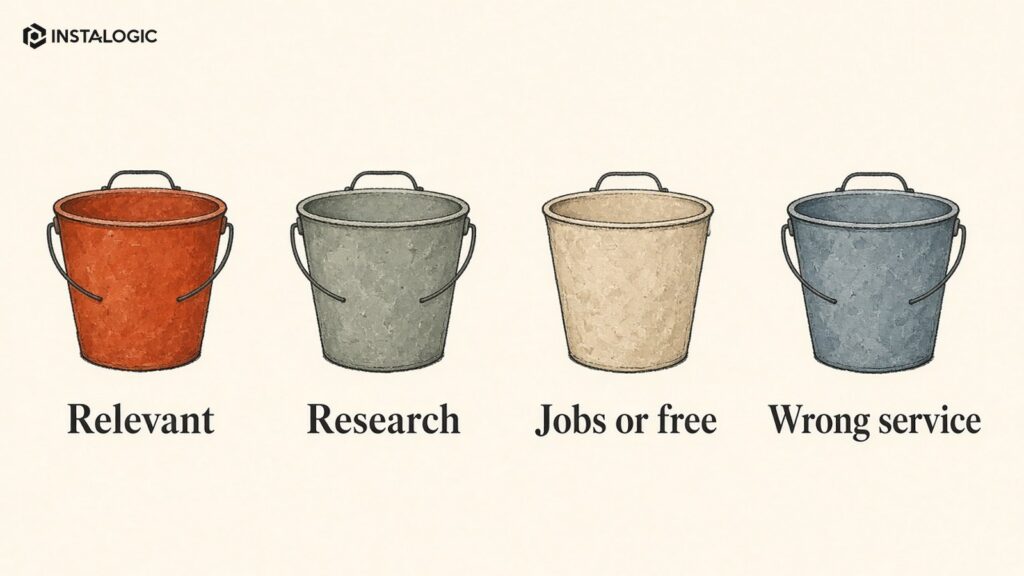 Search-term quality diagram showing relevant, research, jobs/free, wrong-service buckets