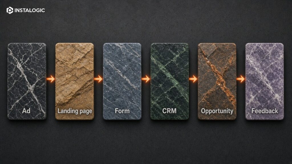 Conversion-tracking flow: ad -> landing page -> form -> CRM -> qualified opportunity -> feedback