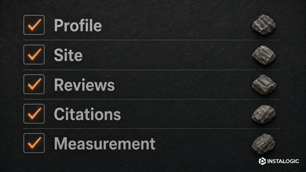 Local SEO checklist with profile, site, reviews, citations/local links and measurement