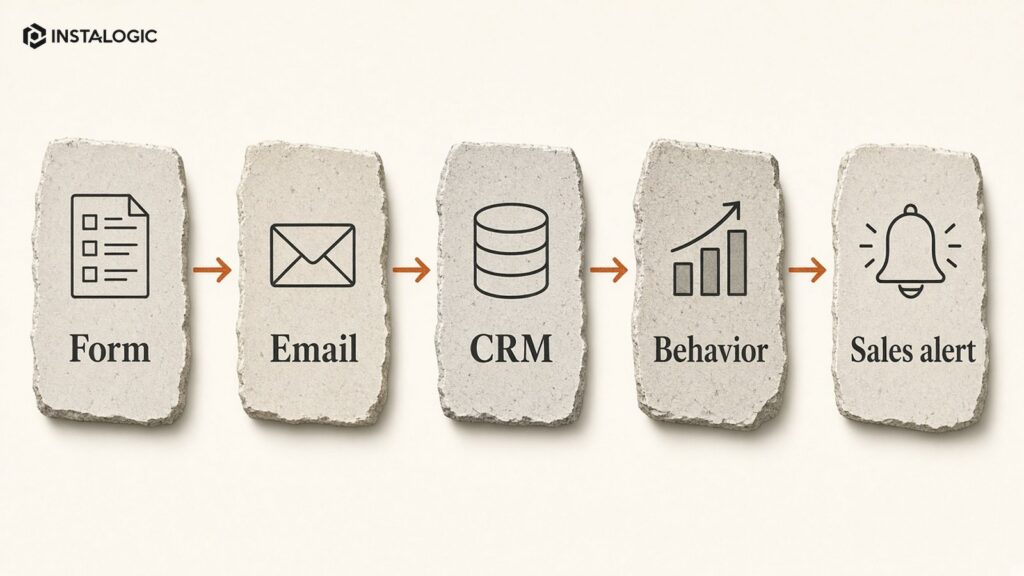 Example lead workflow: form -> email -> CRM -> behavior -> sales alert