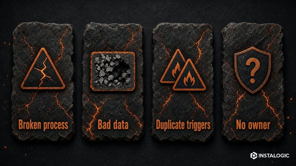 Automation mistakes panel showing broken process, bad data, duplicate triggers and no owner