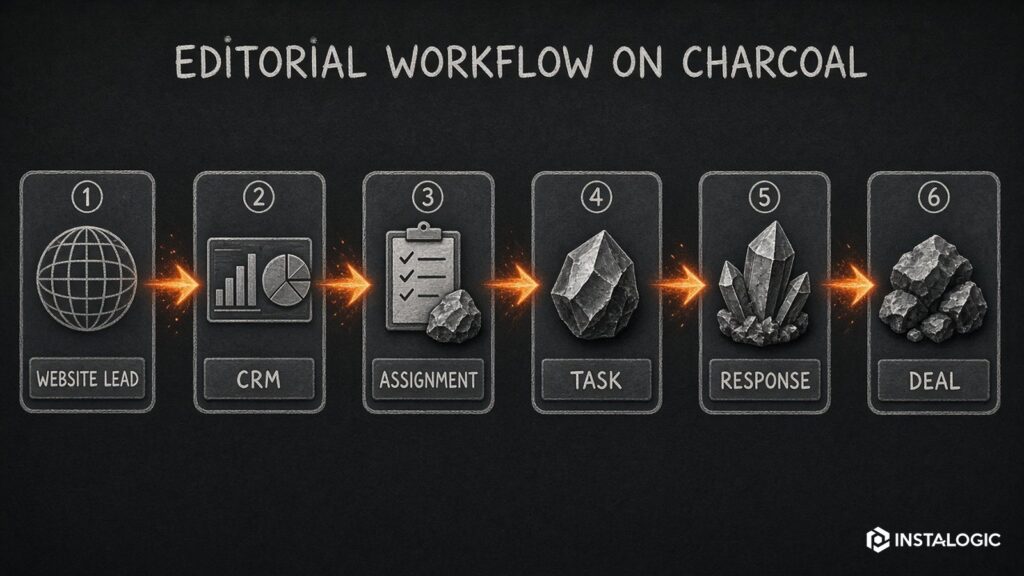 Website lead -> CRM -> assignment -> task -> response -> deal workflow