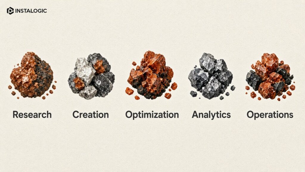 AI marketing use-case map grouped by research, creation, optimization, analytics and operations