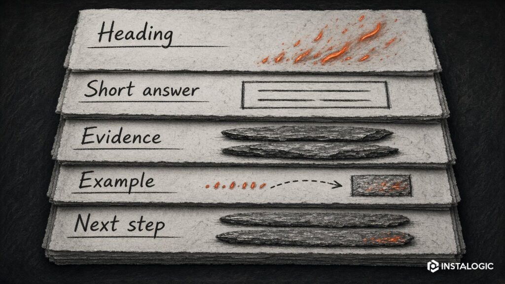Answer-first content anatomy showing heading, short answer, evidence, example and next step