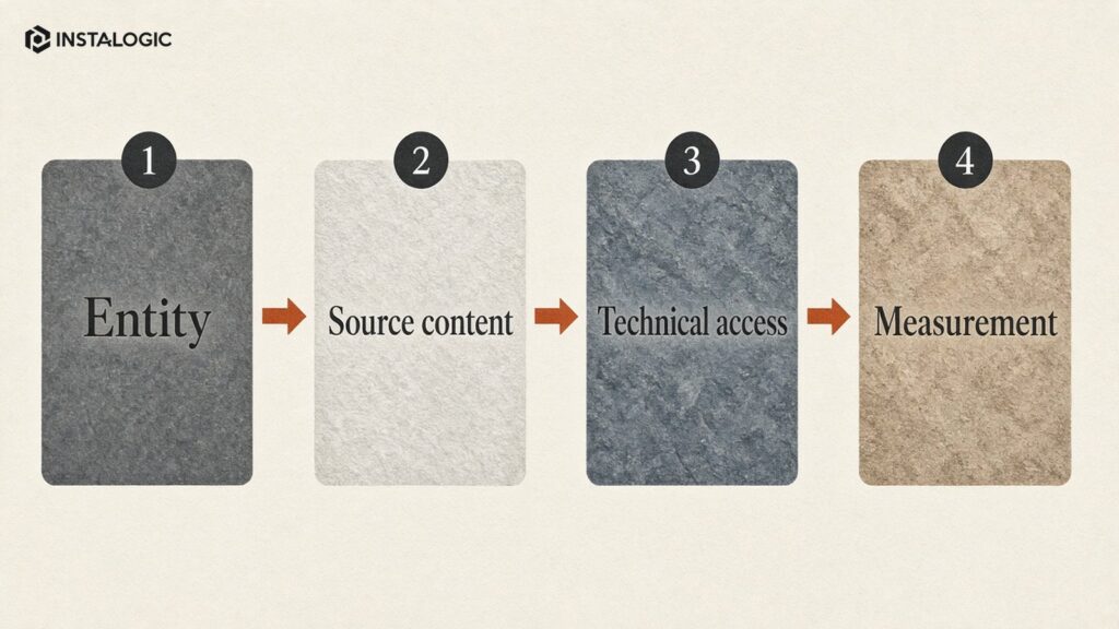 GEO program workflow: entity -> source content -> technical access -> measurement