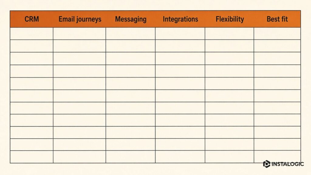 Tool comparison matrix: CRM, email journeys, messaging, integrations, technical flexibility, best fit