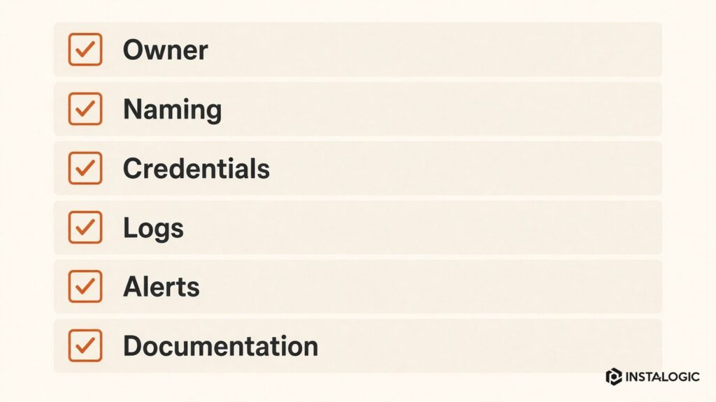 Automation governance checklist: owner, naming, credentials, logs, alerts, documentation