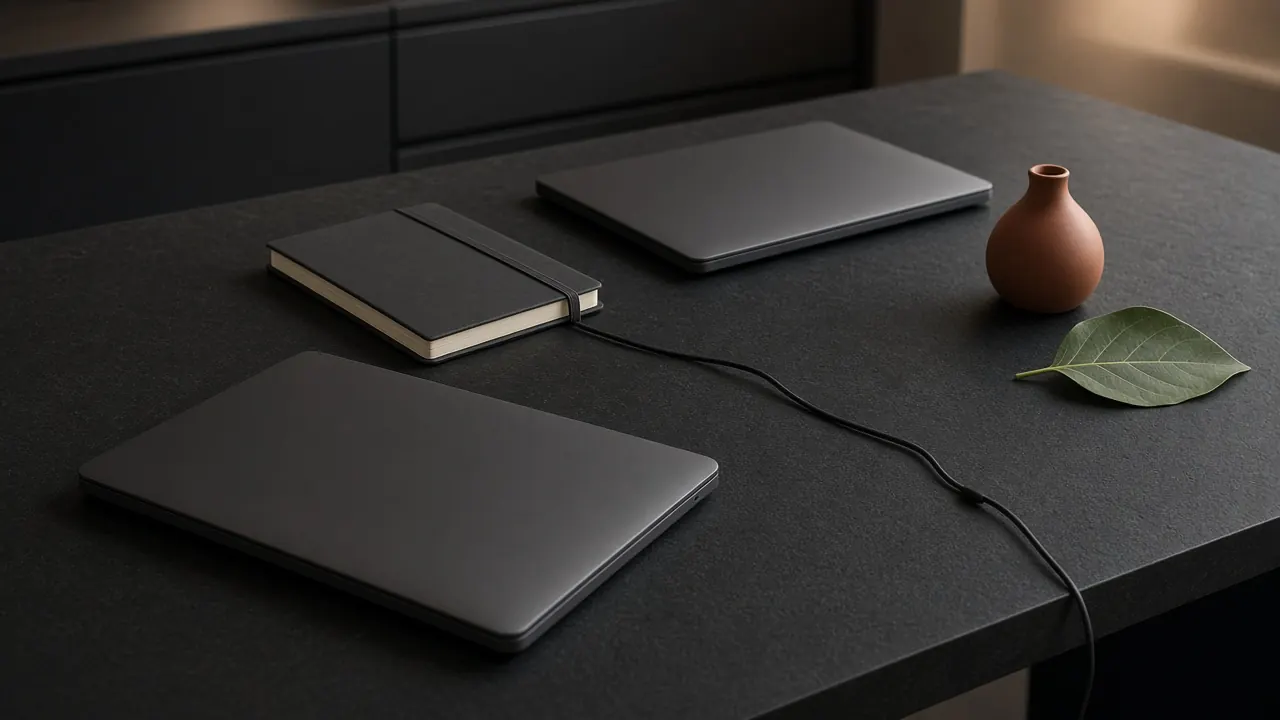 Illustrative desk with two laptops joined by a single cable. Not a client project or the Instalogic team.