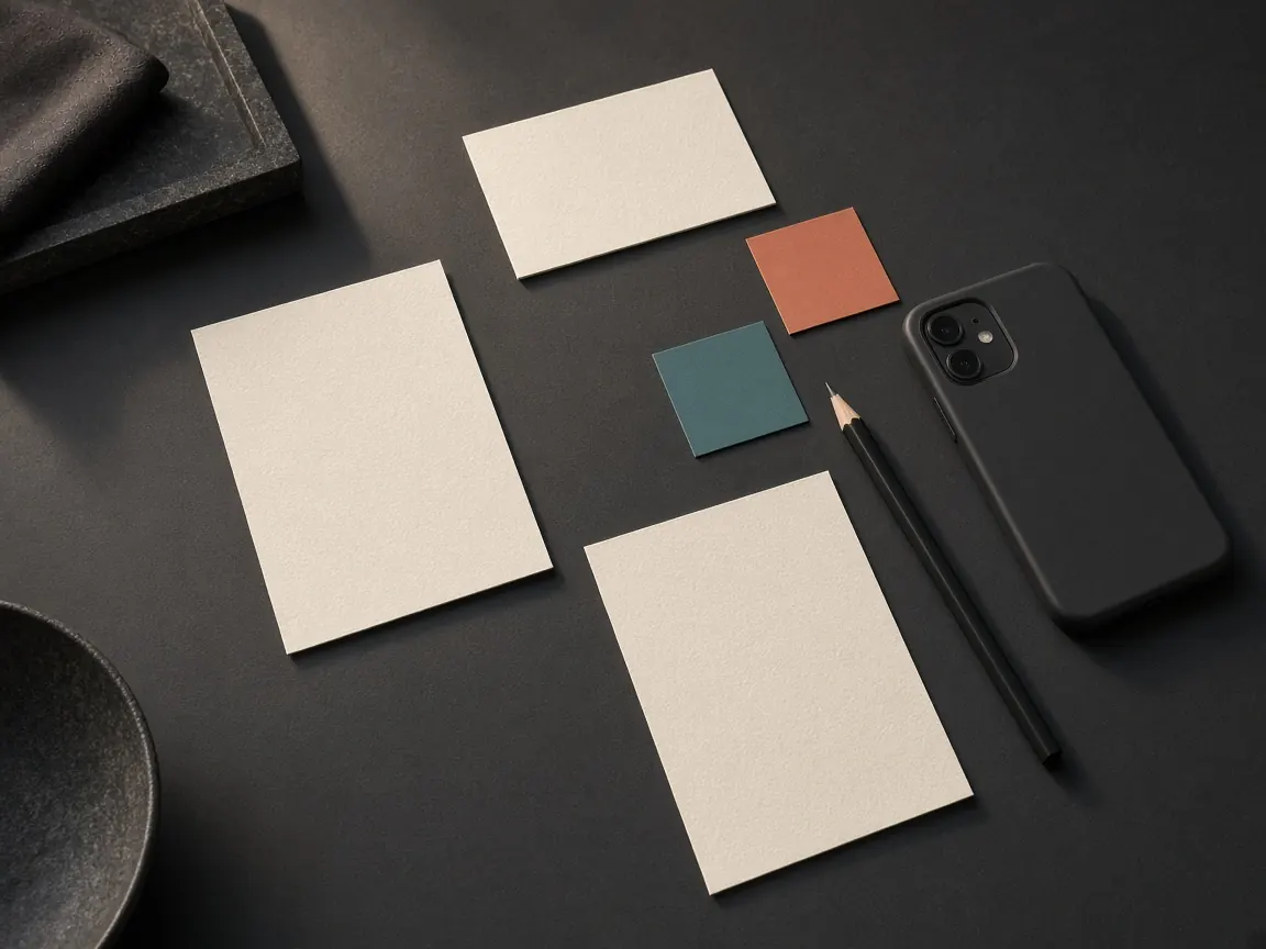 Illustrative campaign materials: blank cards, colour swatches and a phone. Not a client project or the Instalogic team.