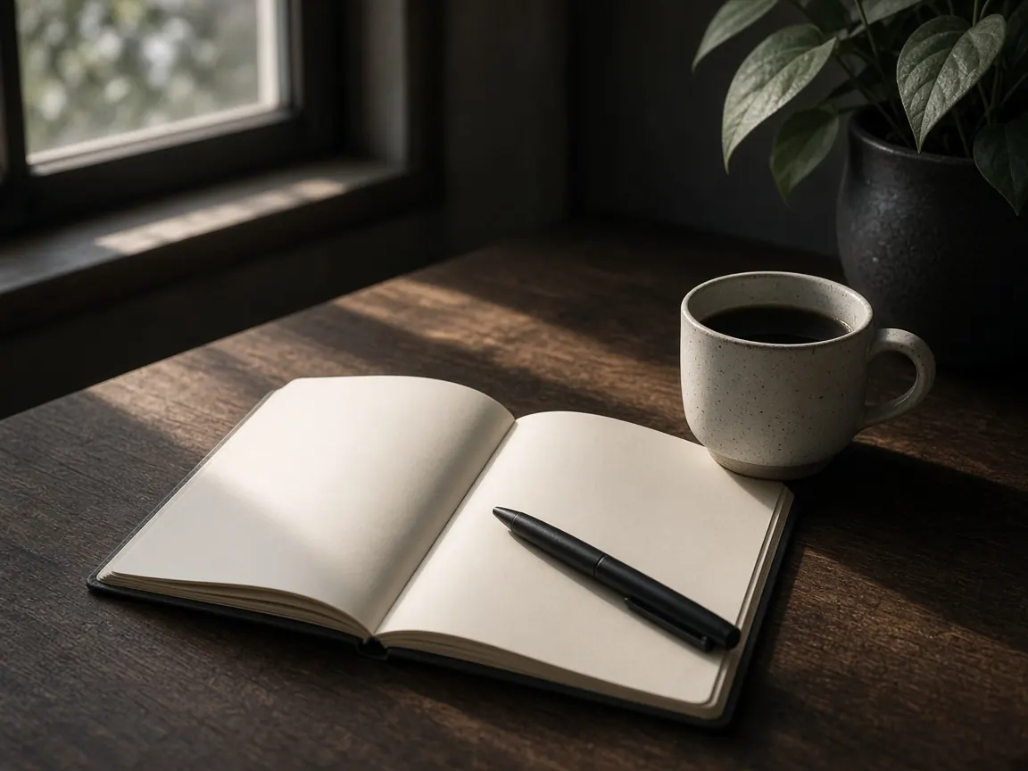 Illustrative writing desk with an open notebook and a cup of coffee