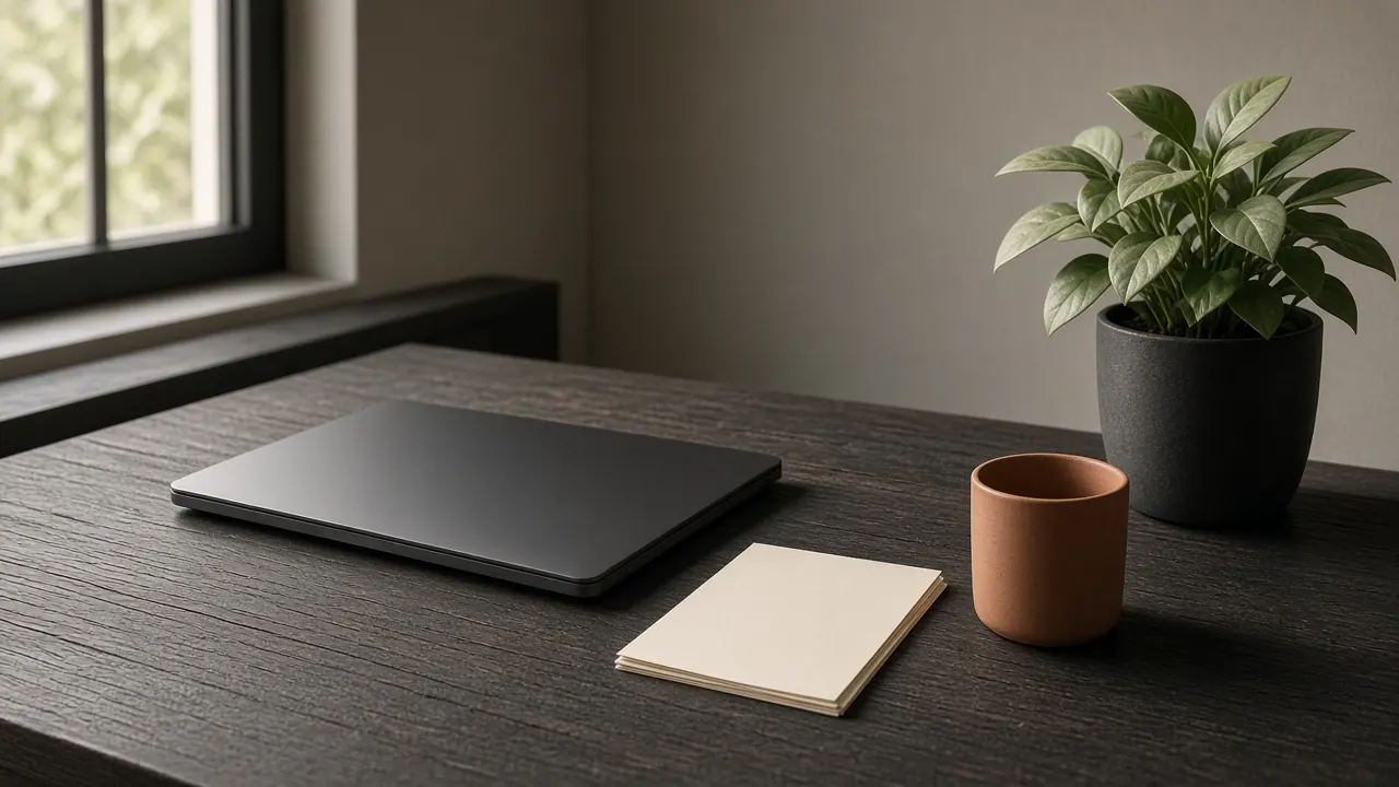 Illustrative research desk with a laptop and a notepad by a window