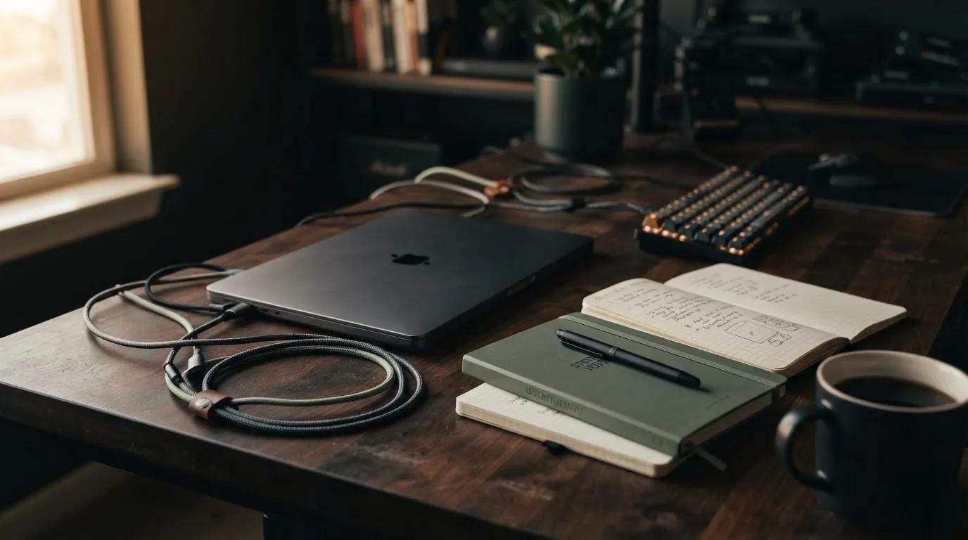 Illustrative technical workbench with a laptop, cables and open notebooks