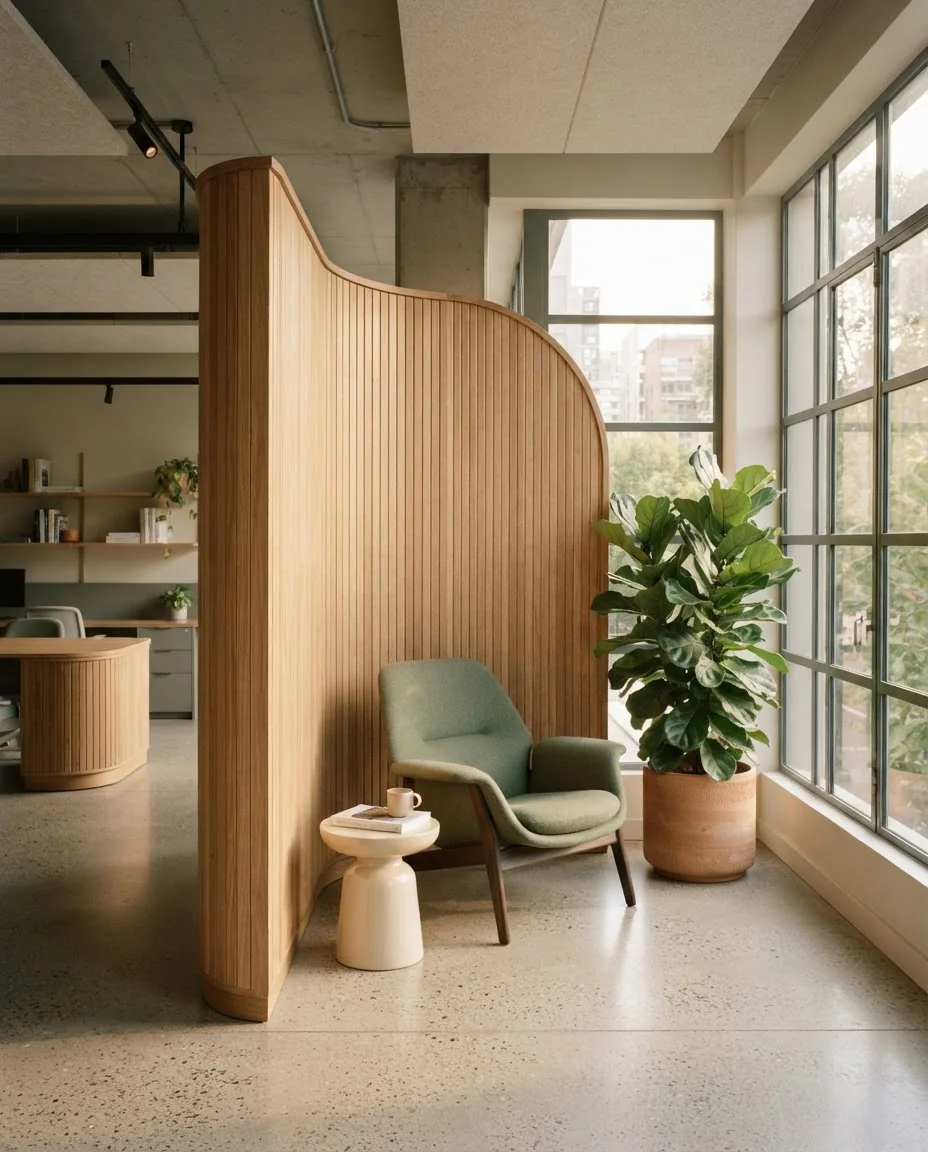 Illustrative studio interior with plants and natural light