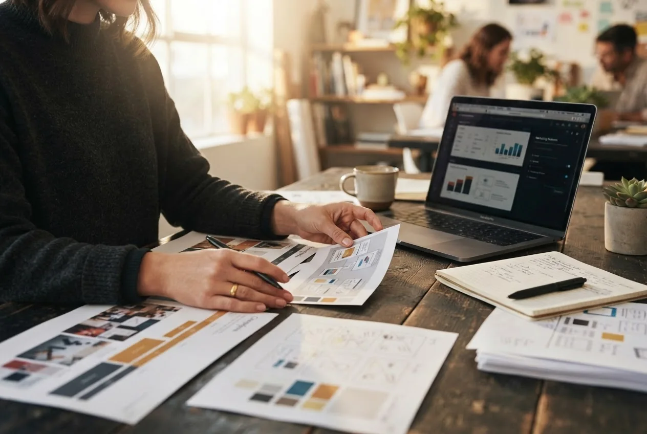 Illustrative strategy review with printed plans and a laptop