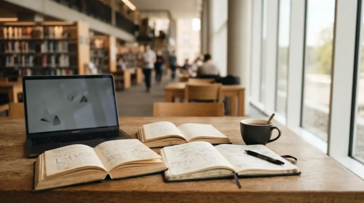 Illustrative research desk with a laptop and open books