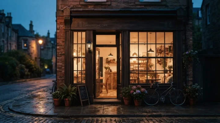 Illustrative shopfront at dusk with customers inside