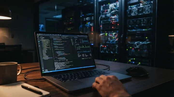 Illustrative developer workspace beside a server room