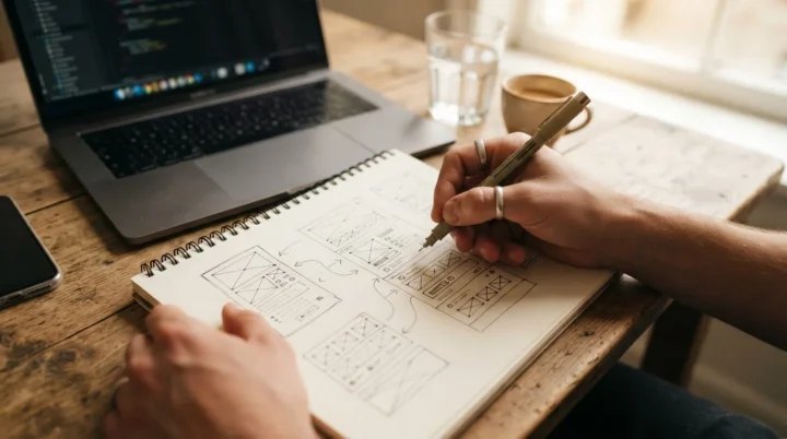 Illustrative hand sketching a plan in a notebook