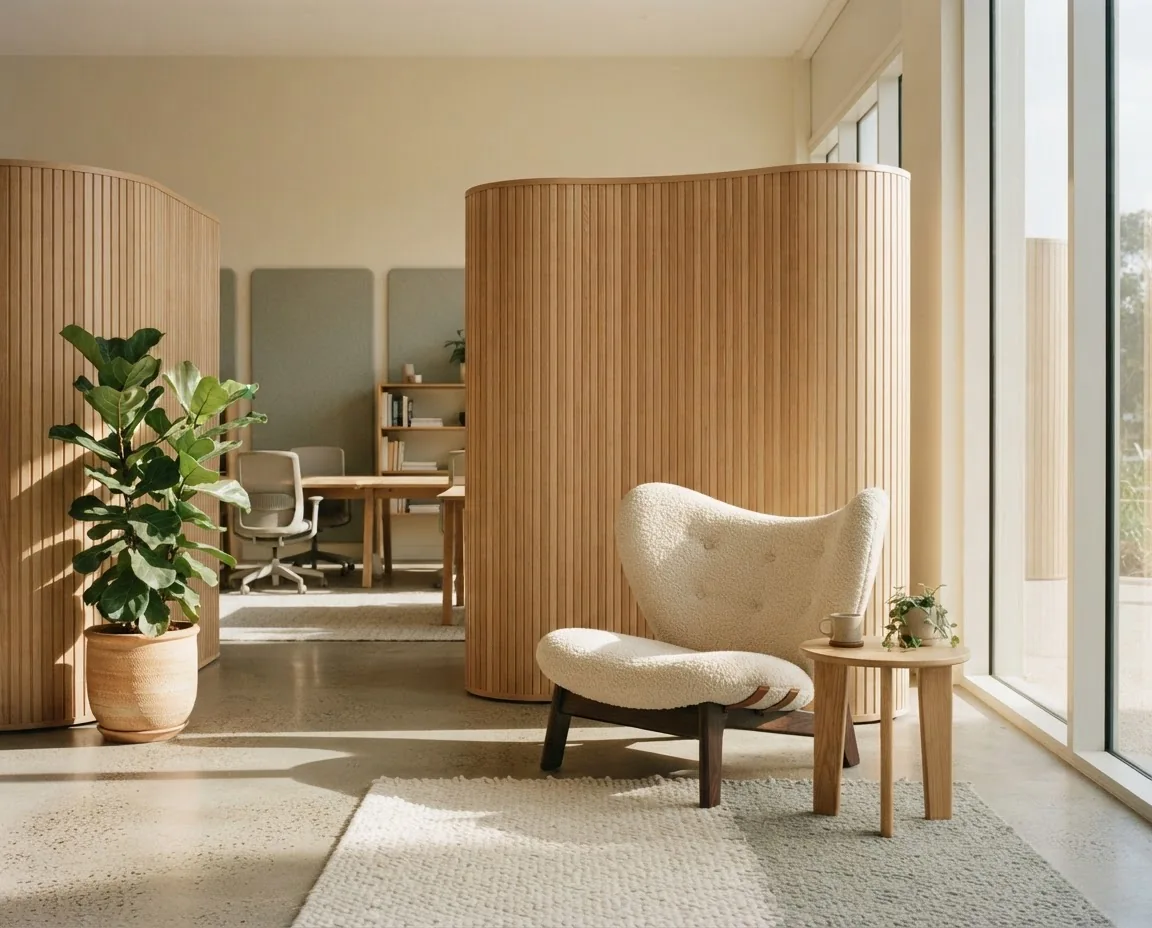 Illustrative bright studio with a curved timber partition
