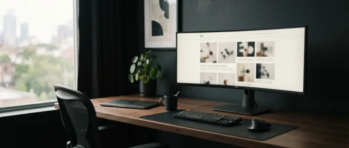 Illustrative studio desk with a website layout on a large screen