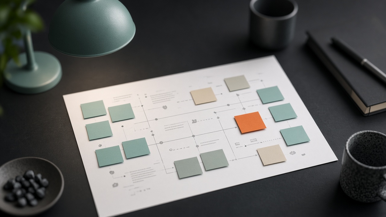 Illustrative desk with a journey map. Not a client project.