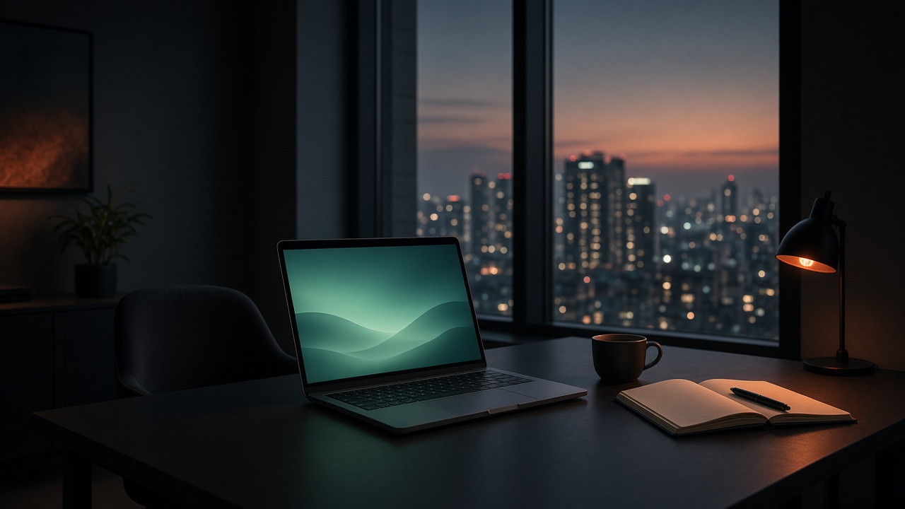 Illustrative workspace at dusk with city light outside. Not a client project or the Instalogic office.