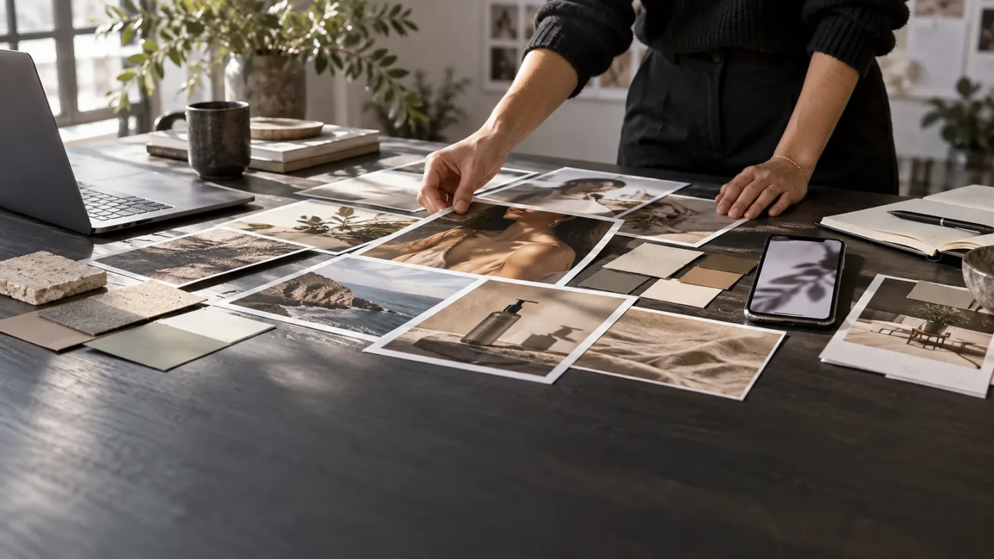 Illustrative campaign creative planning table with printed concepts. Illustrative photography, not a client project.