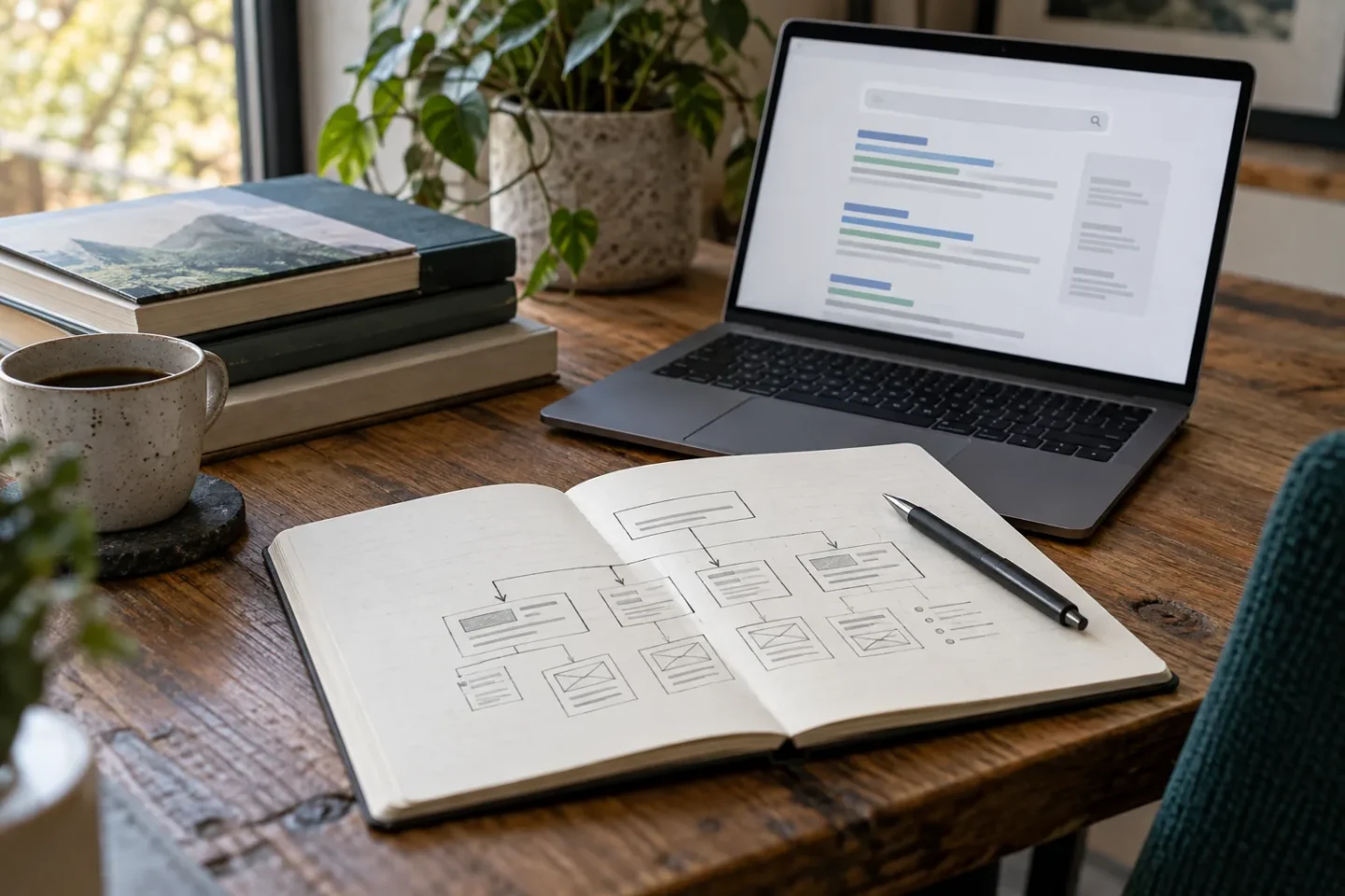 Illustrative search research desk with laptop and content planning notebook. Illustrative photography, not a client project.
